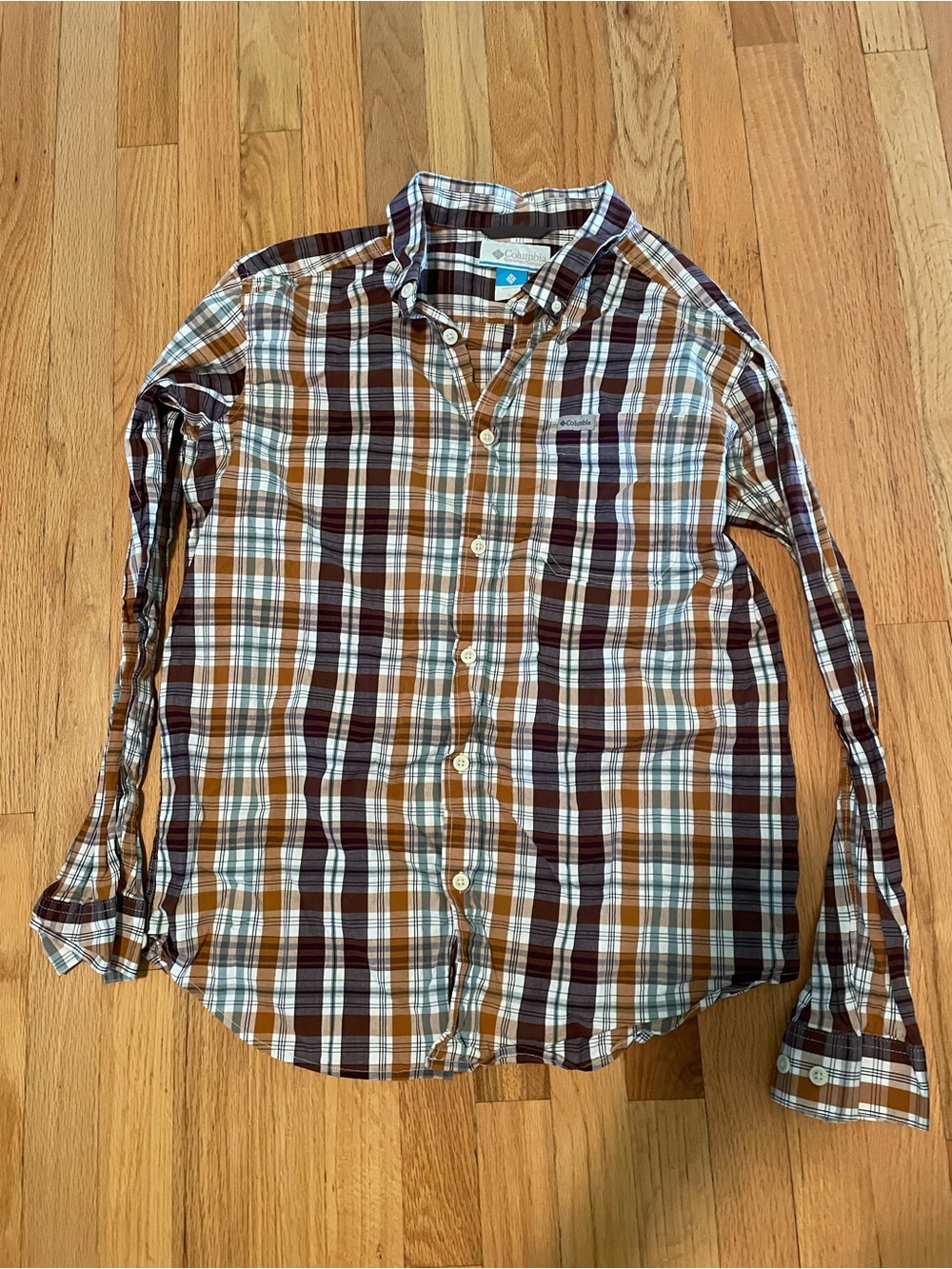 Columbia Men’s Brown and White Plaid Button-Up Shirt